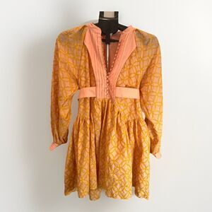 Aofur Knitting  Mini Cotton  Pockets Dress Pink and Orange embroidery- XS